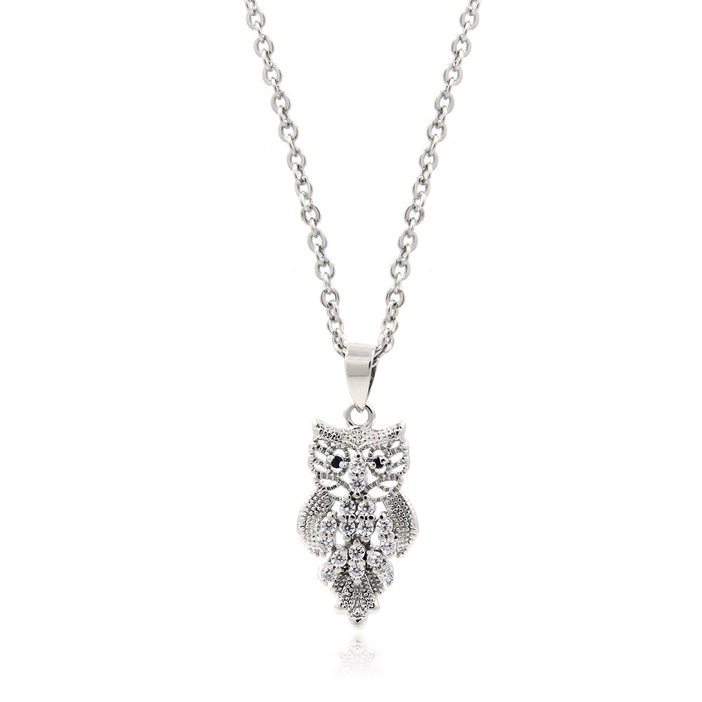 CZ Antique Pendant Owls Necklace